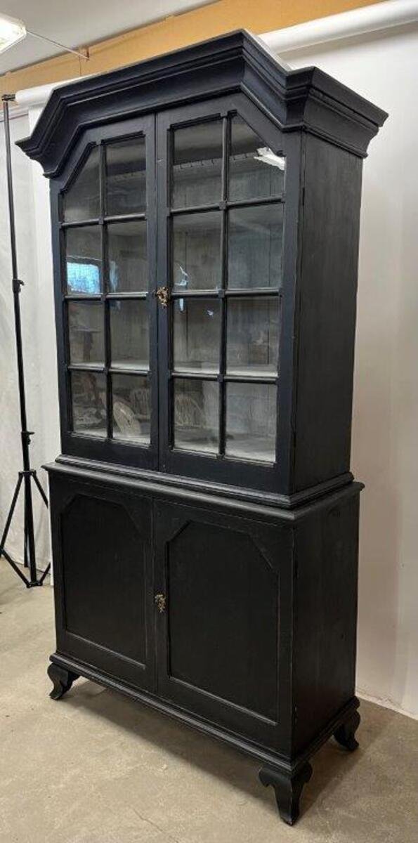 Swedish Black Painted Vitrine with Shaped Cornice, circa 1800 - JAA