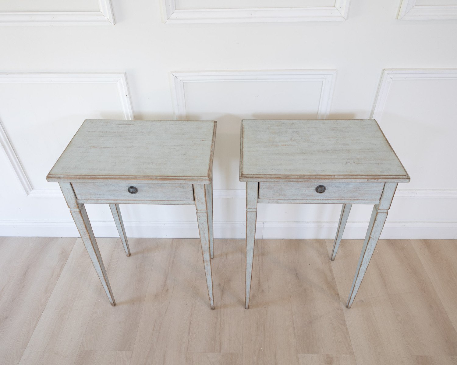 On Hold - A pair of Swedish side tables in a mix of pale blue and grey. - JAA