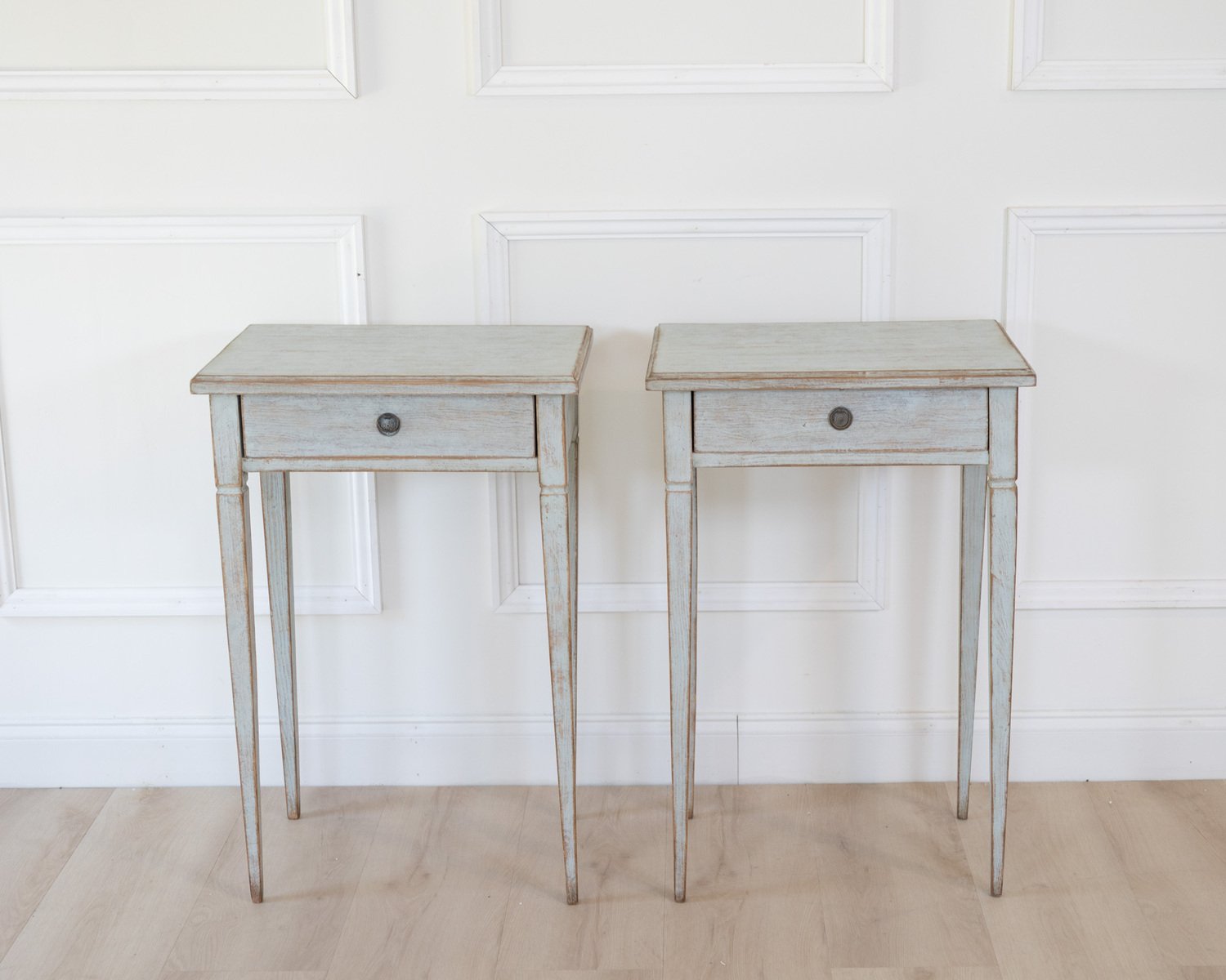 On Hold - A pair of Swedish side tables in a mix of pale blue and grey. - JAA