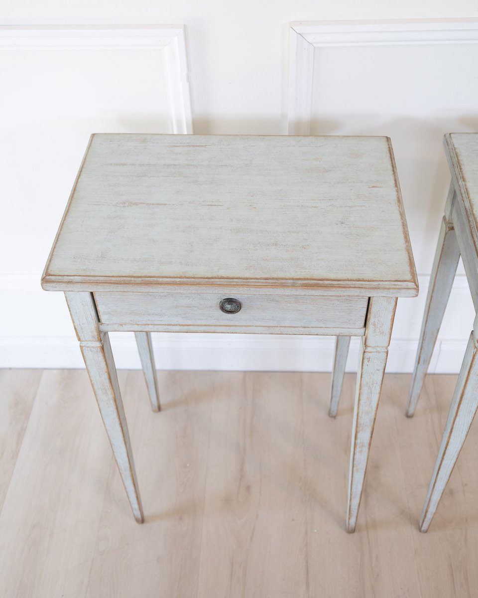 A pair of Swedish side tables in a mix of pale blue and grey. - JAA