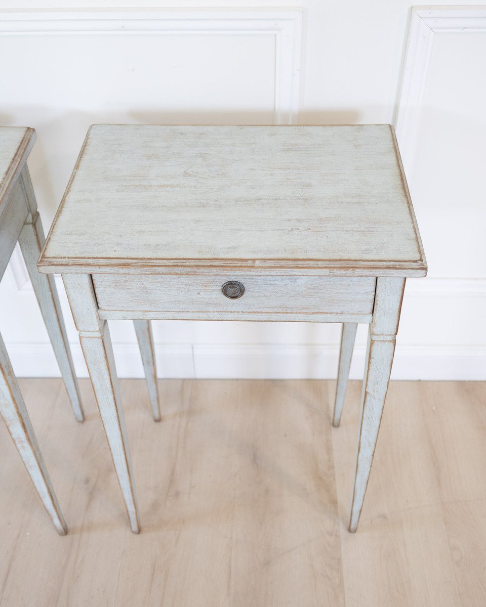 A pair of Swedish side tables in a mix of pale blue and grey. - JAA