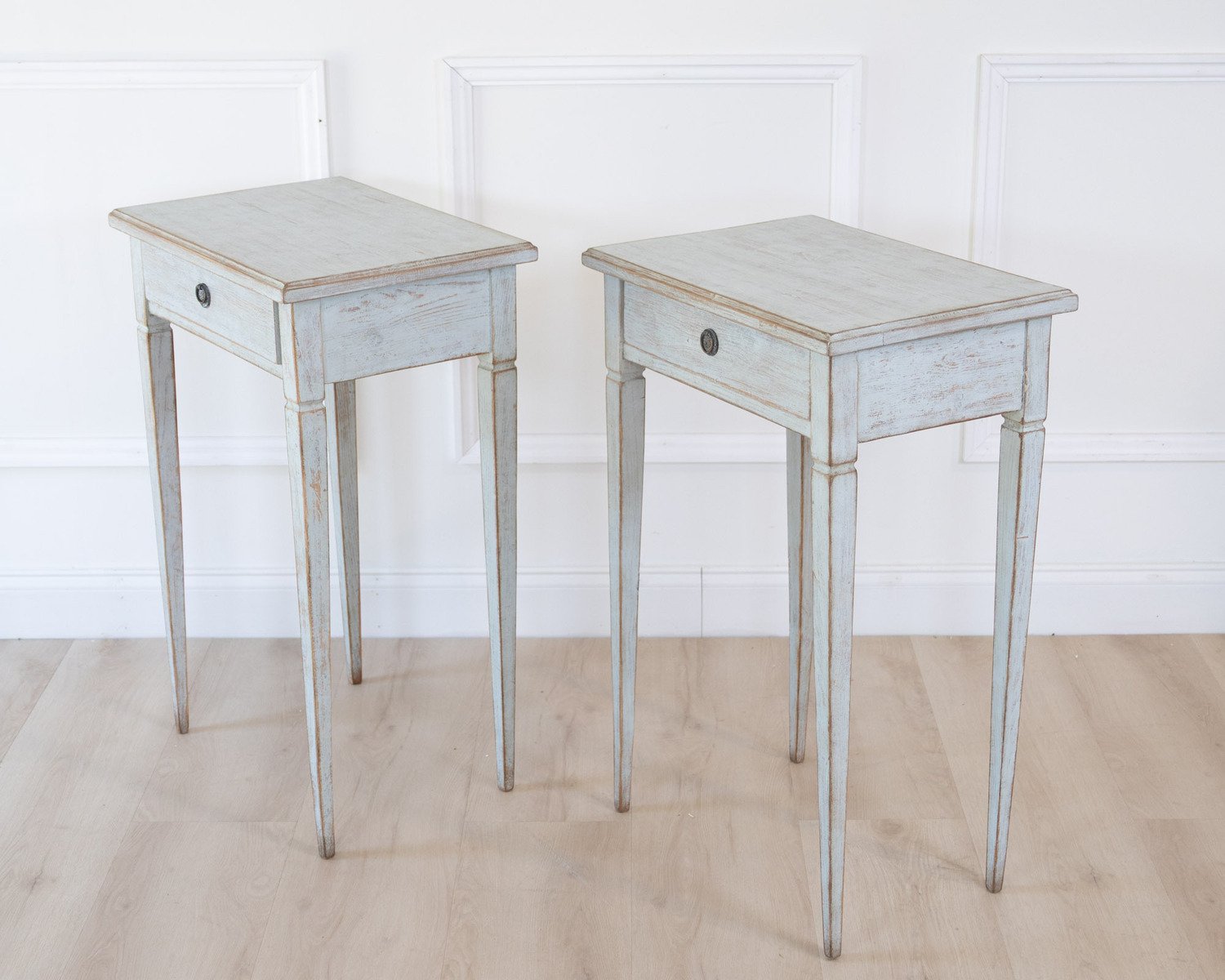 A pair of Swedish side tables in a mix of pale blue and grey. - JAA