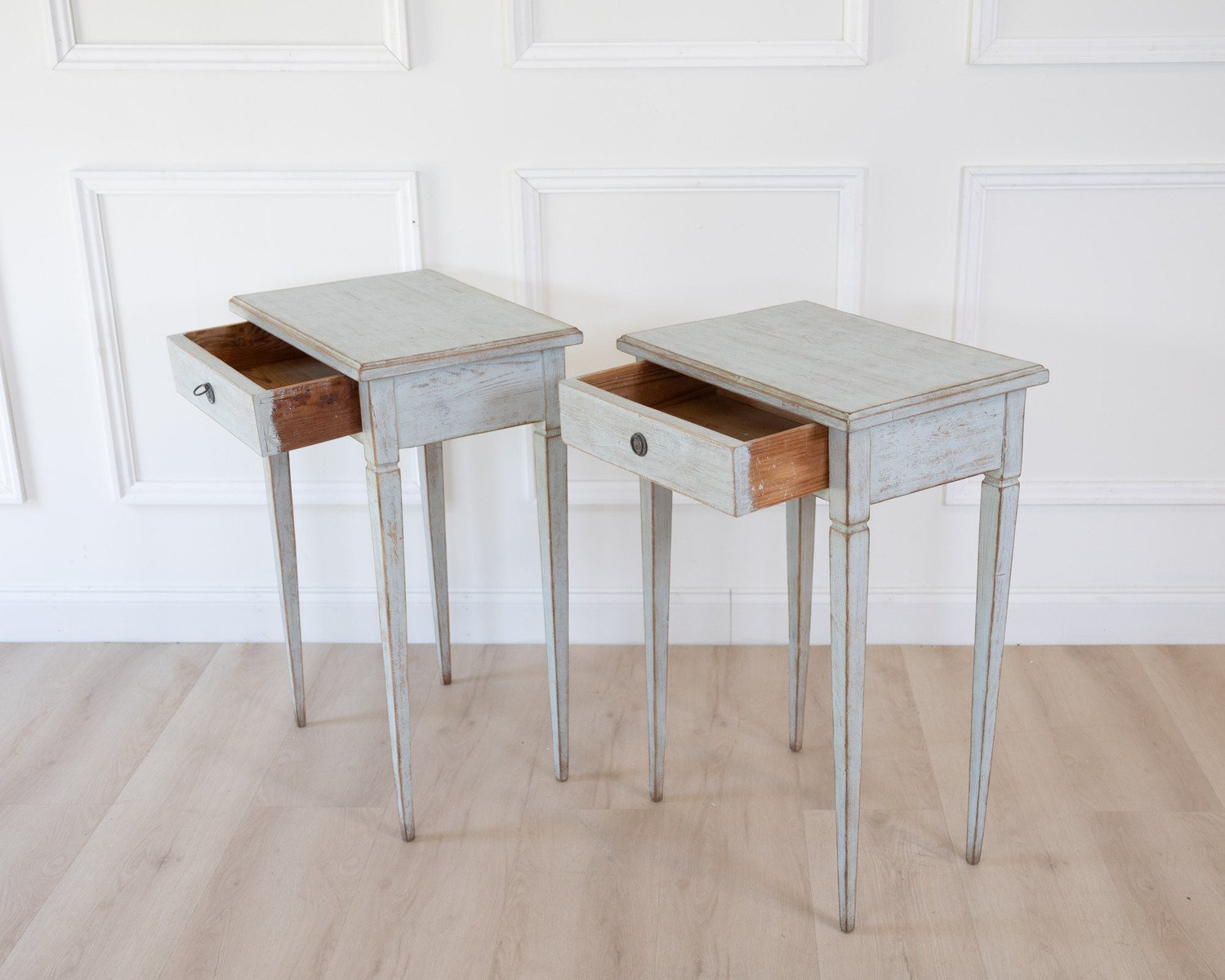 A pair of Swedish side tables in a mix of pale blue and grey. - JAA