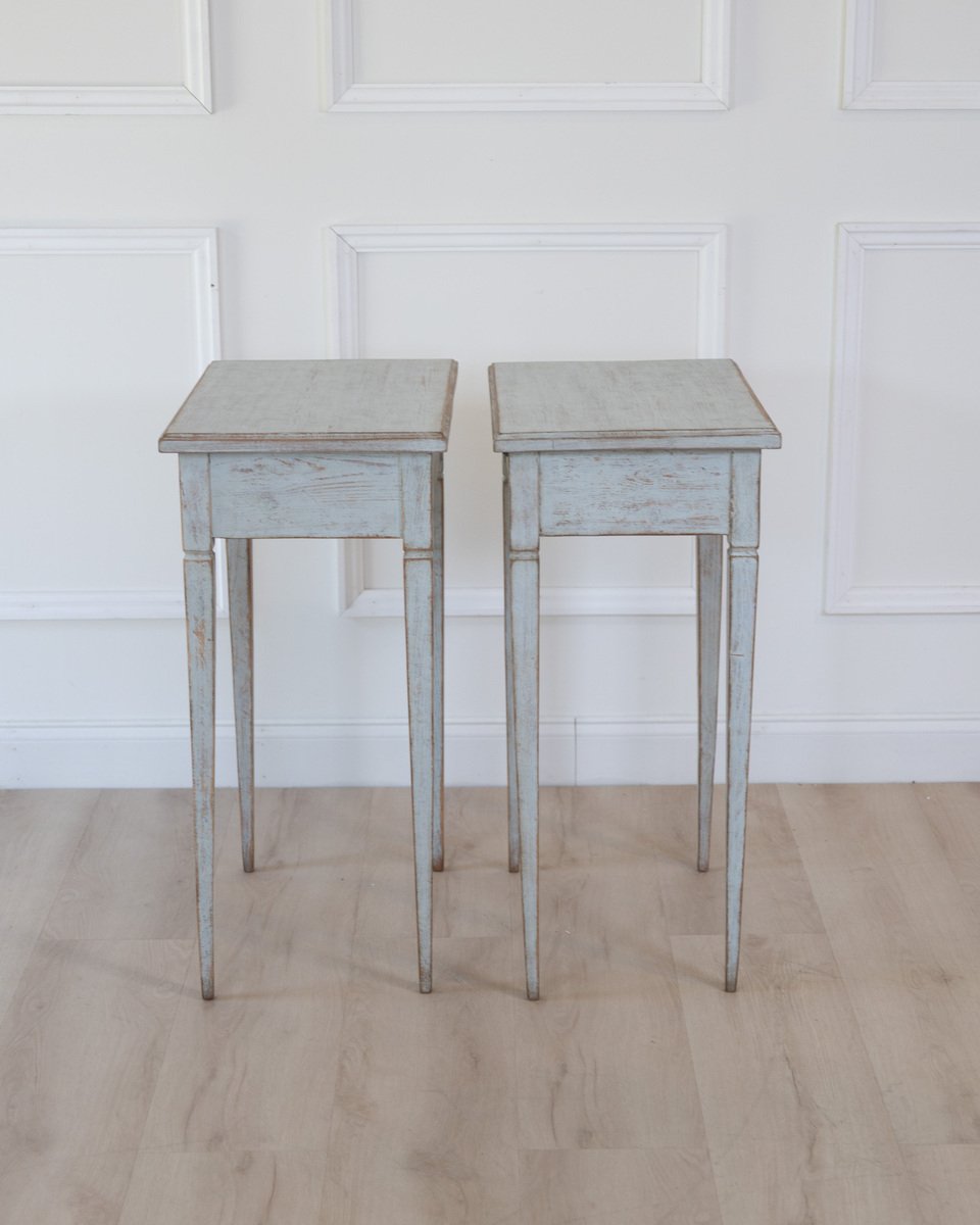 A pair of Swedish side tables in a mix of pale blue and grey. - JAA