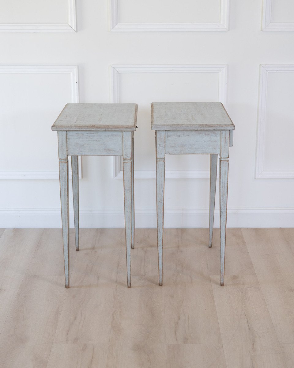 A pair of Swedish side tables in a mix of pale blue and grey. - JAA