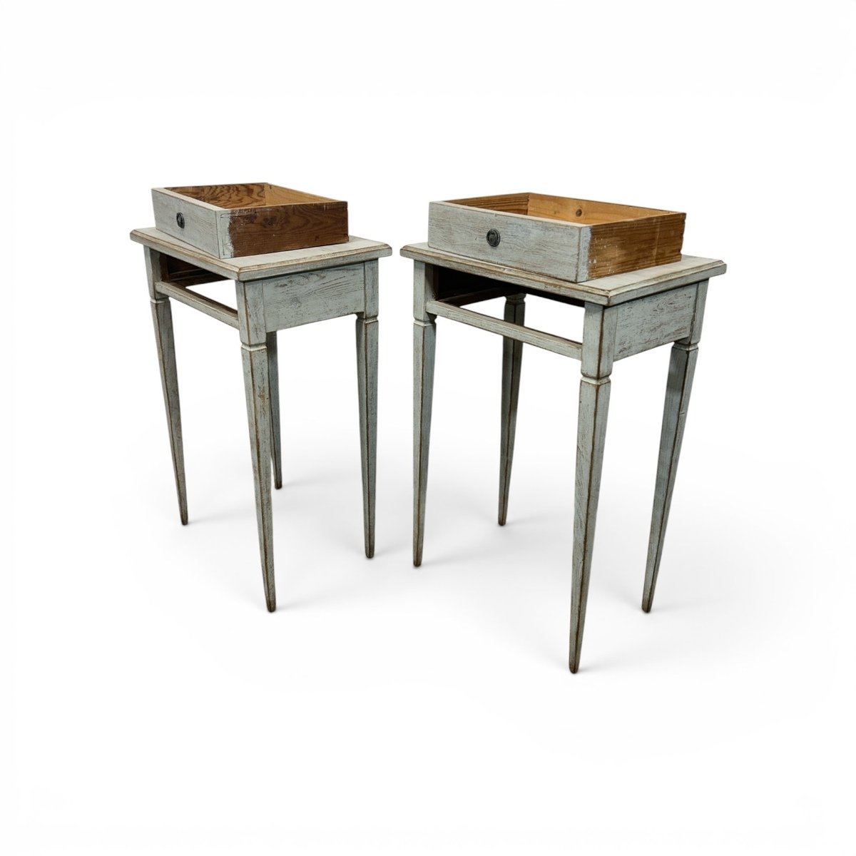 A pair of Swedish side tables in a mix of pale blue and grey. - JAA