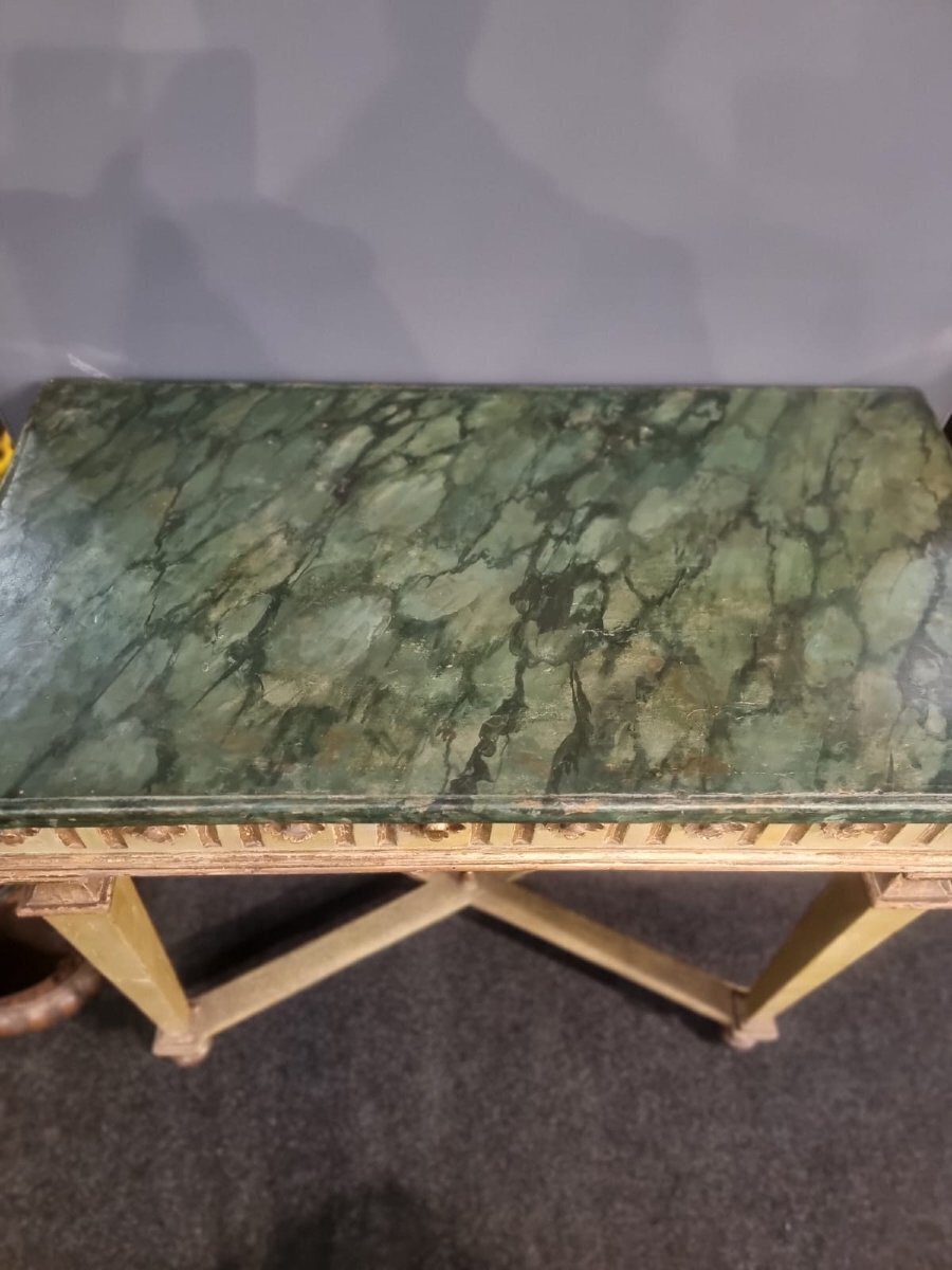 Pair of Louis XVI Green Lacquered and Mecca Gilt Consoles with Faux Marble Tops - JAA