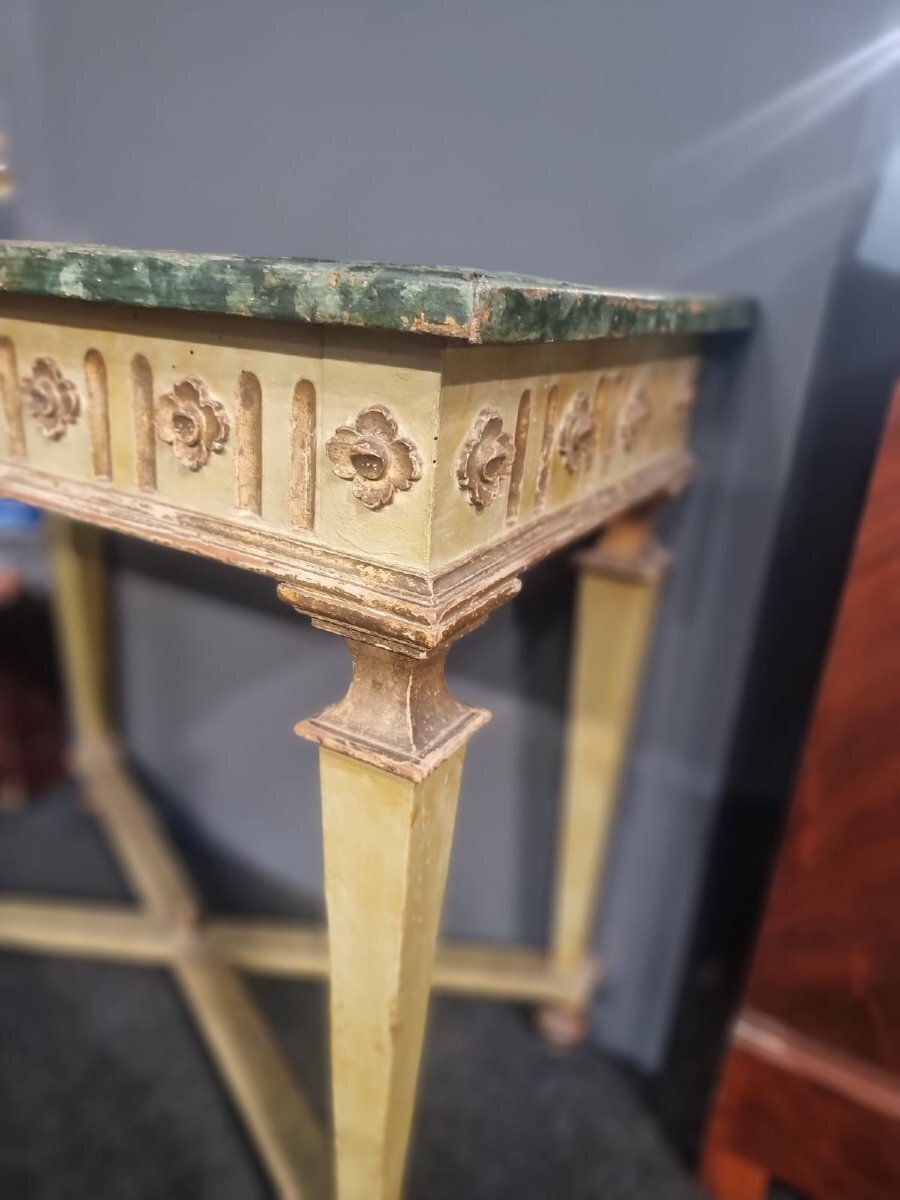 Pair of Louis XVI Green Lacquered and Mecca Gilt Consoles with Faux Marble Tops - JAA