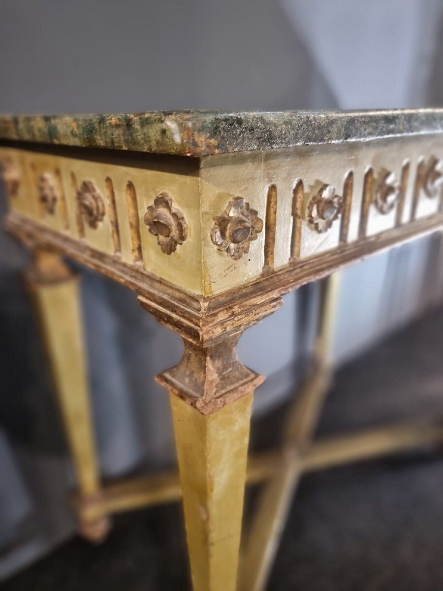 Pair of Louis XVI Green Lacquered and Mecca Gilt Consoles with Faux Marble Tops - JAA