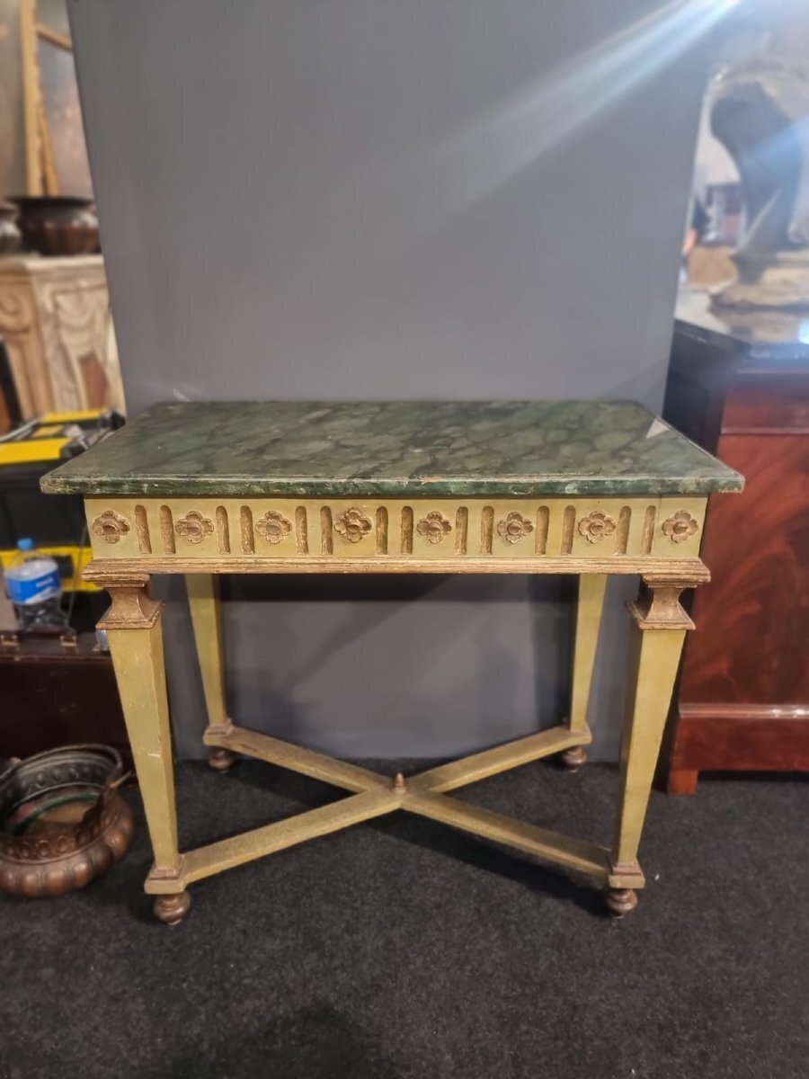 Pair of Louis XVI Green Lacquered and Mecca Gilt Consoles with Faux Marble Tops - JAA