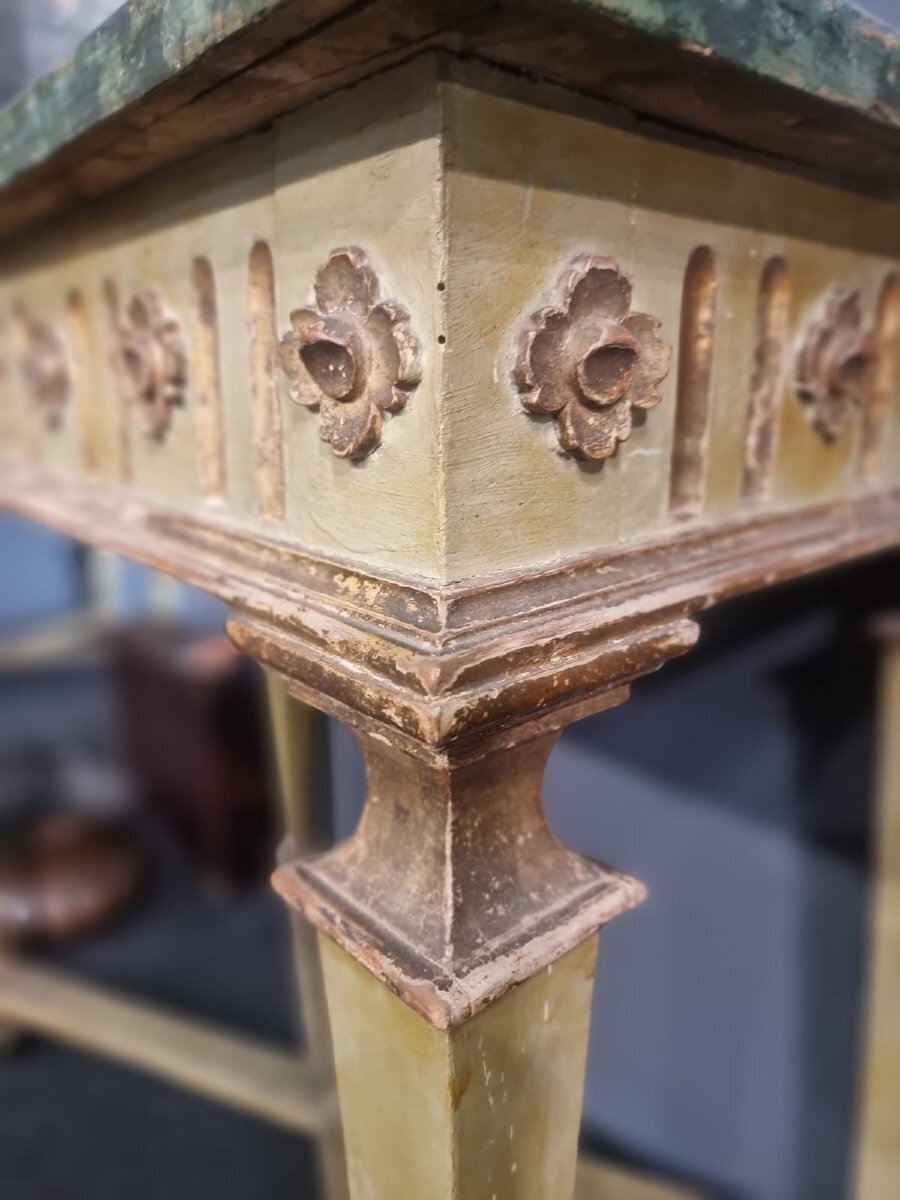 Pair of Louis XVI Green Lacquered and Mecca Gilt Consoles with Faux Marble Tops - JAA