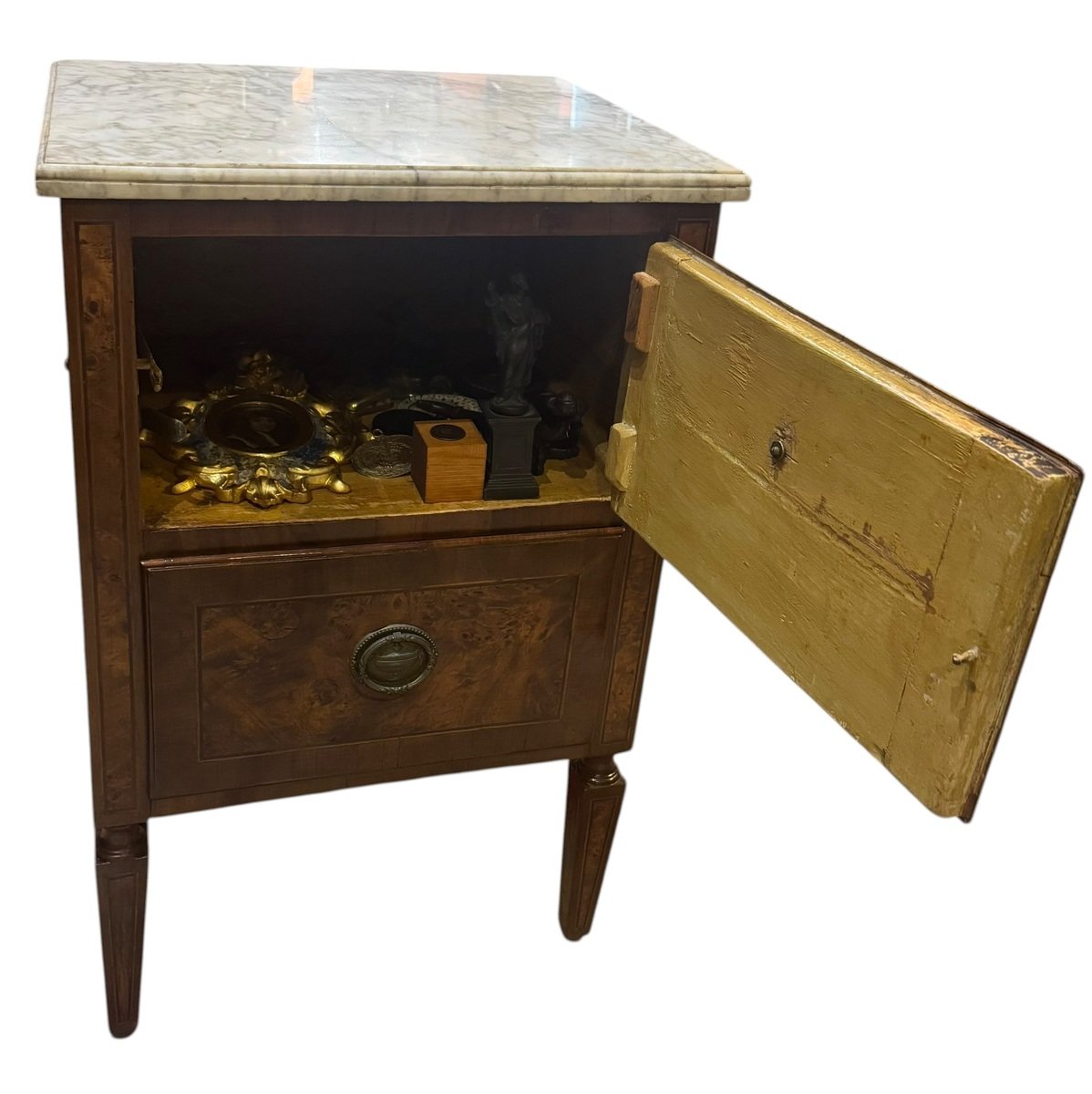 Louis XVI Burl Walnut Bedside Cabinet with Marble Top, 18th Century - JAA