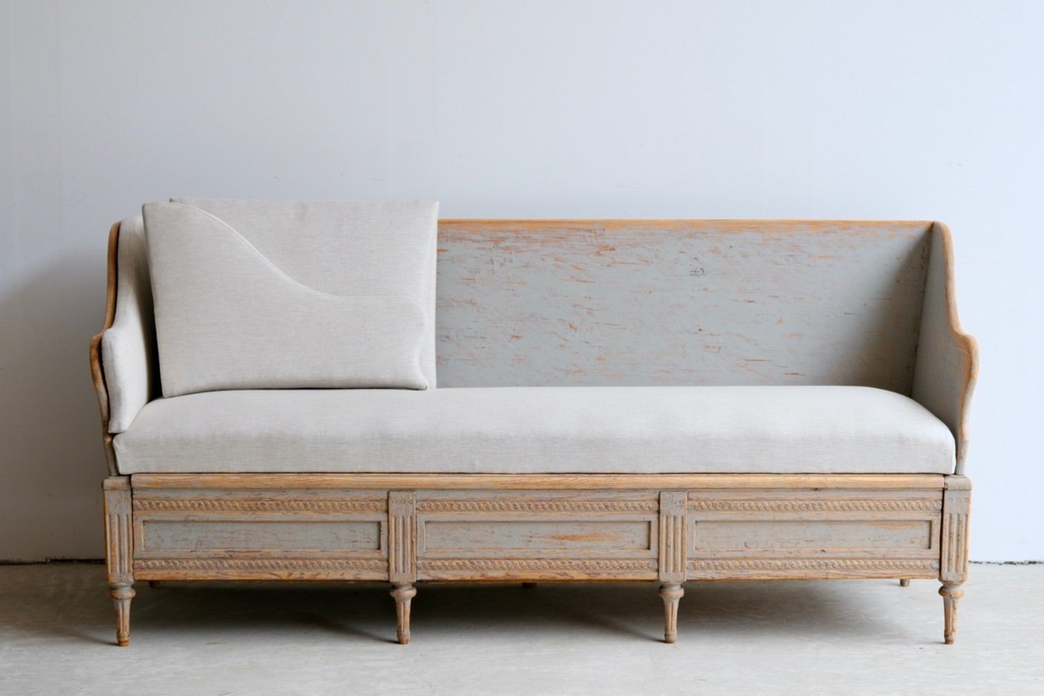 A period Gustavian sofa, repainted in soft blue and newly covered in linen. Circa 1780 - JAA
