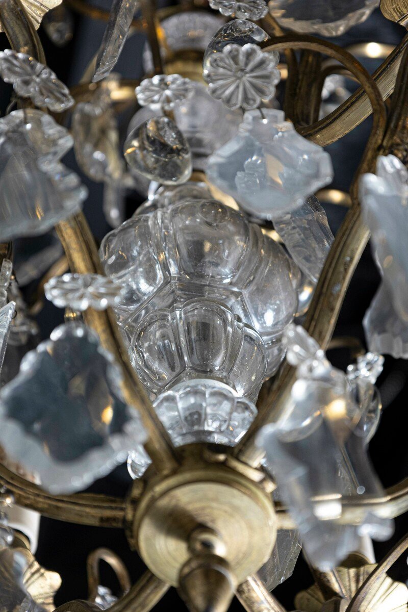 French 19th Century Six-Light Bronze and Crystal Chandelier with Scrolling Arms - JAA