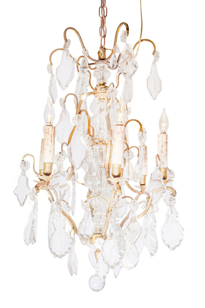 French 19th Century Six-Light Bronze and Crystal Chandelier with Scrolling Arms