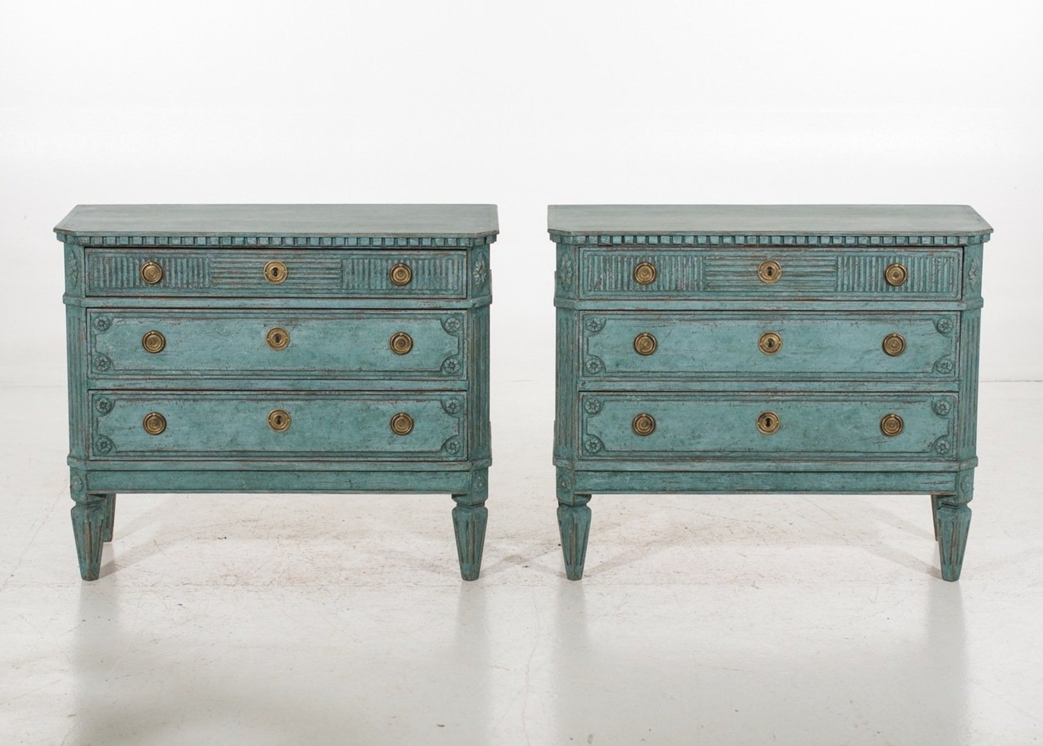 Pair of Blue Painted Carved Scandinavian Chests of Drawers, circa 1920 - JAA