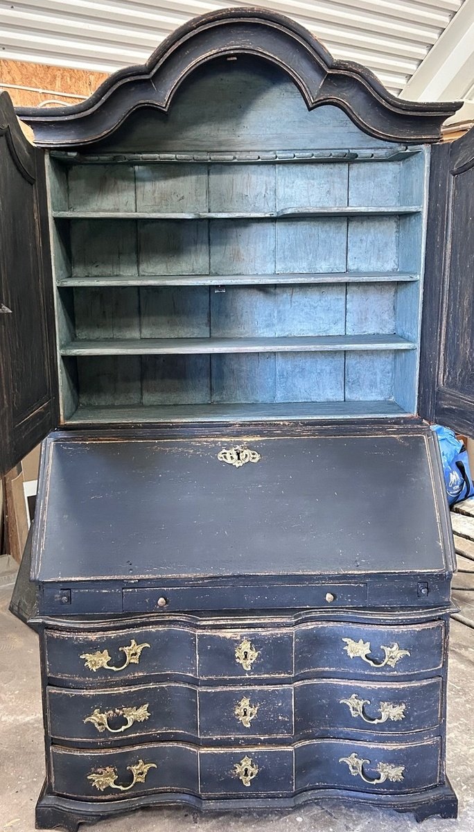 Scandinavian Baroque Style Secretary in Black Paint with Bonnet Top - JAA