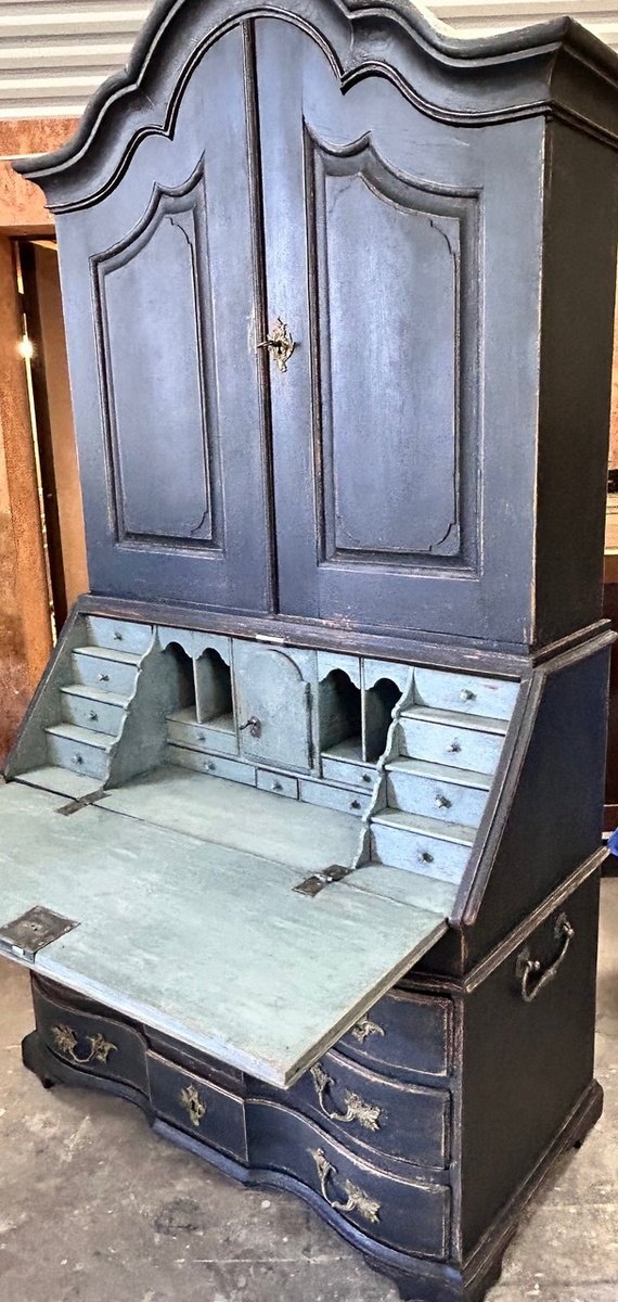 Scandinavian Baroque Style Secretary in Black Paint with Bonnet Top - JAA