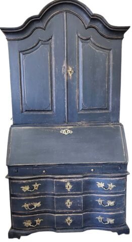 Scandinavian Baroque Style Secretary in Black Paint with Bonnet Top