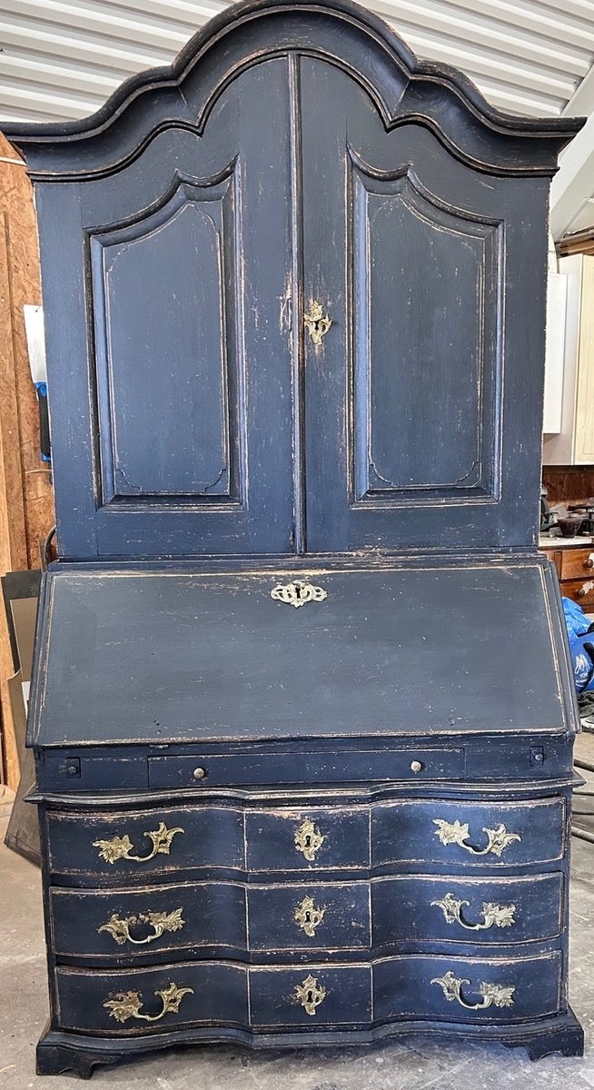 Scandinavian Baroque Style Secretary in Black Paint with Bonnet Top - JAA