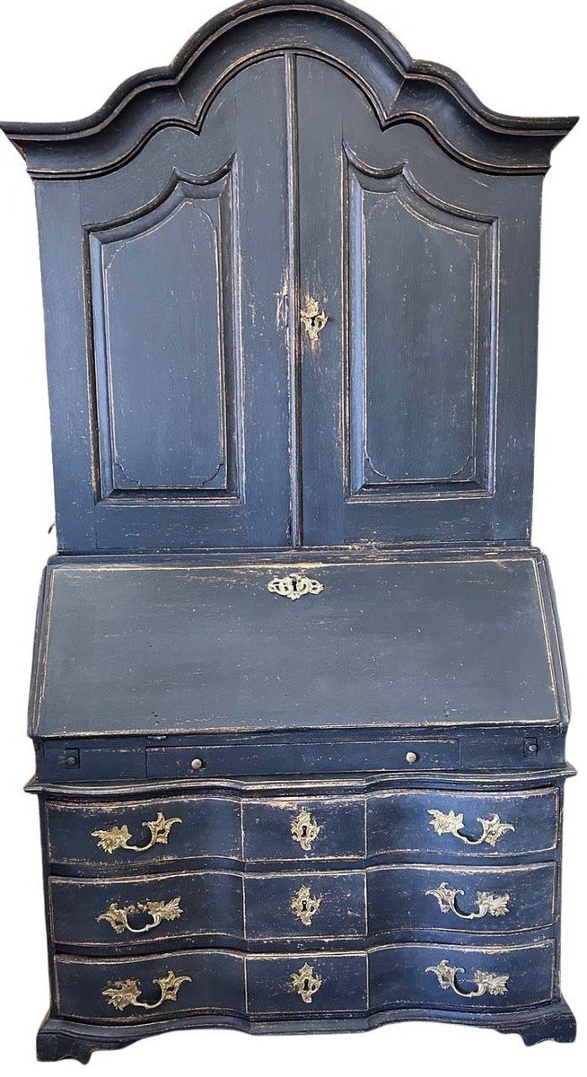 Scandinavian Baroque Style Secretary in Black Paint with Bonnet Top - JAA