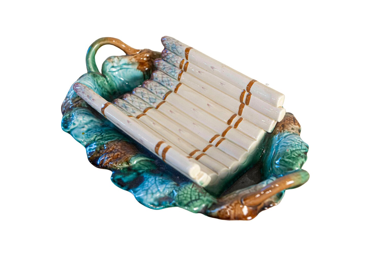 French 19th Century Longchamp Majolica Asparagus Server with Foliage Platter - JAA