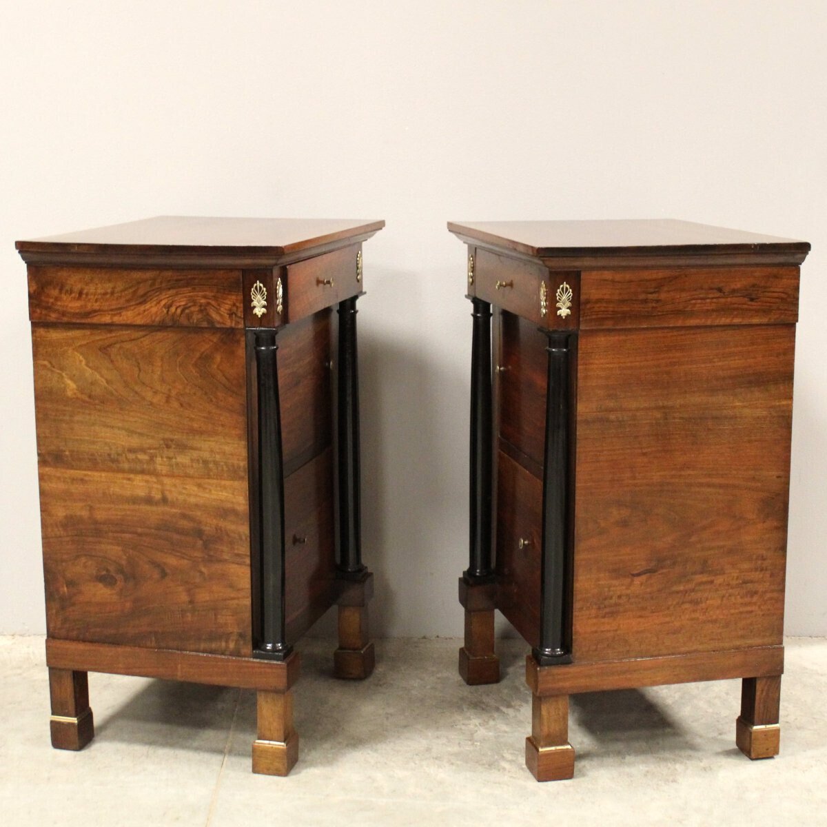 Pair of Italian Empire Walnut Nightstands with Ebonized Columns, Early 19th Century - JAA