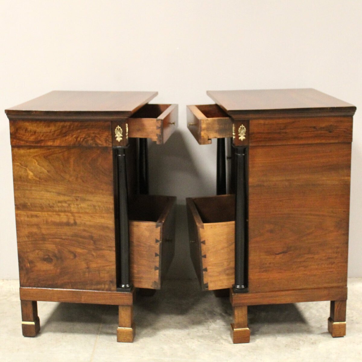 Pair of Italian Empire Walnut Nightstands with Ebonized Columns, Early 19th Century - JAA