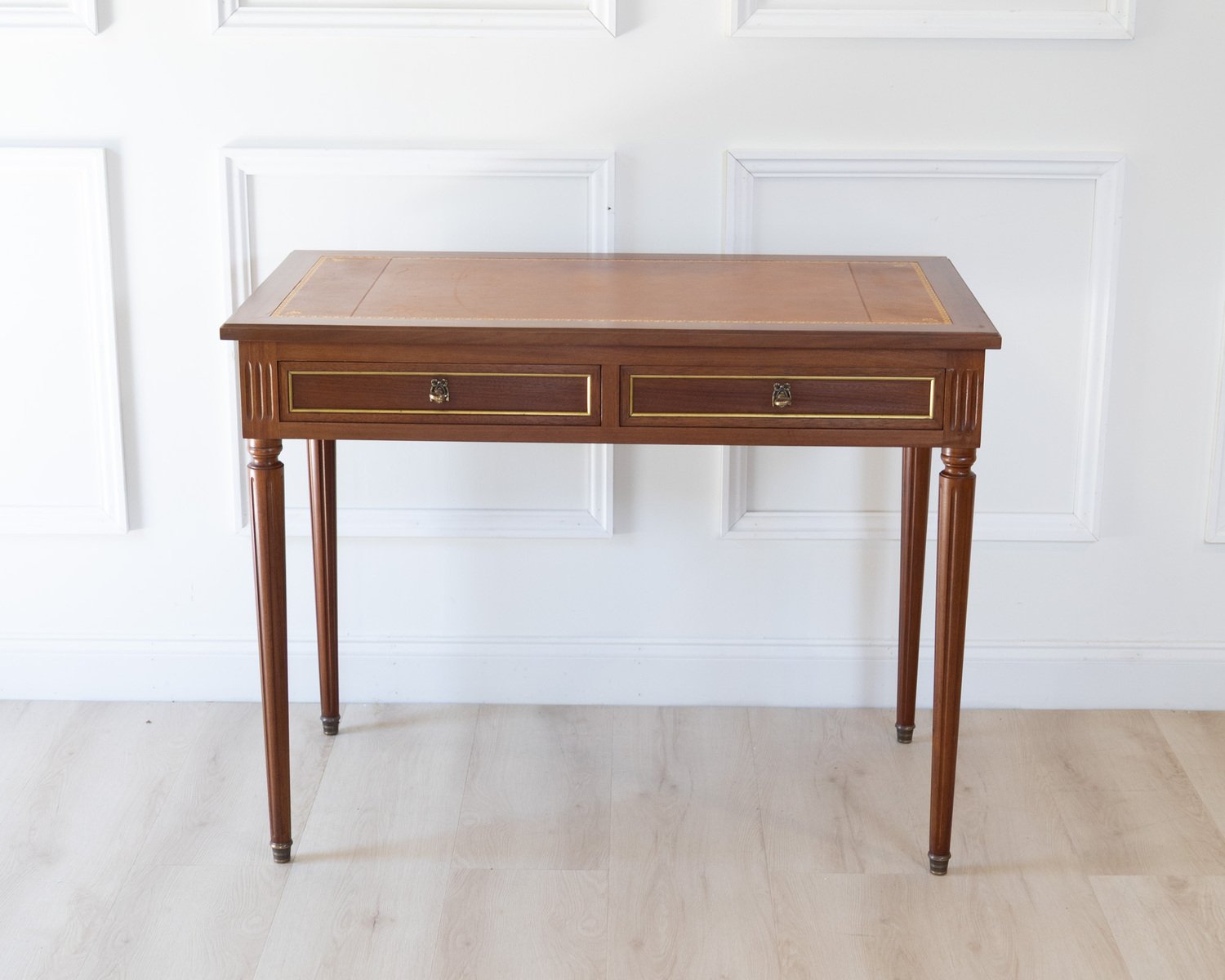Louis XVI Style Mahogany Writing Desk with Tan Leather Top, 20th Century - JAA