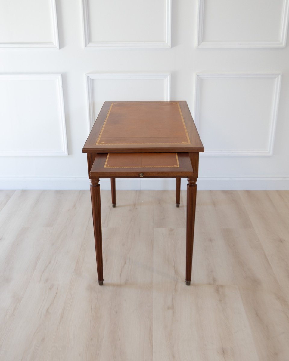 Louis XVI Style Mahogany Writing Desk with Tan Leather Top, 20th Century - JAA