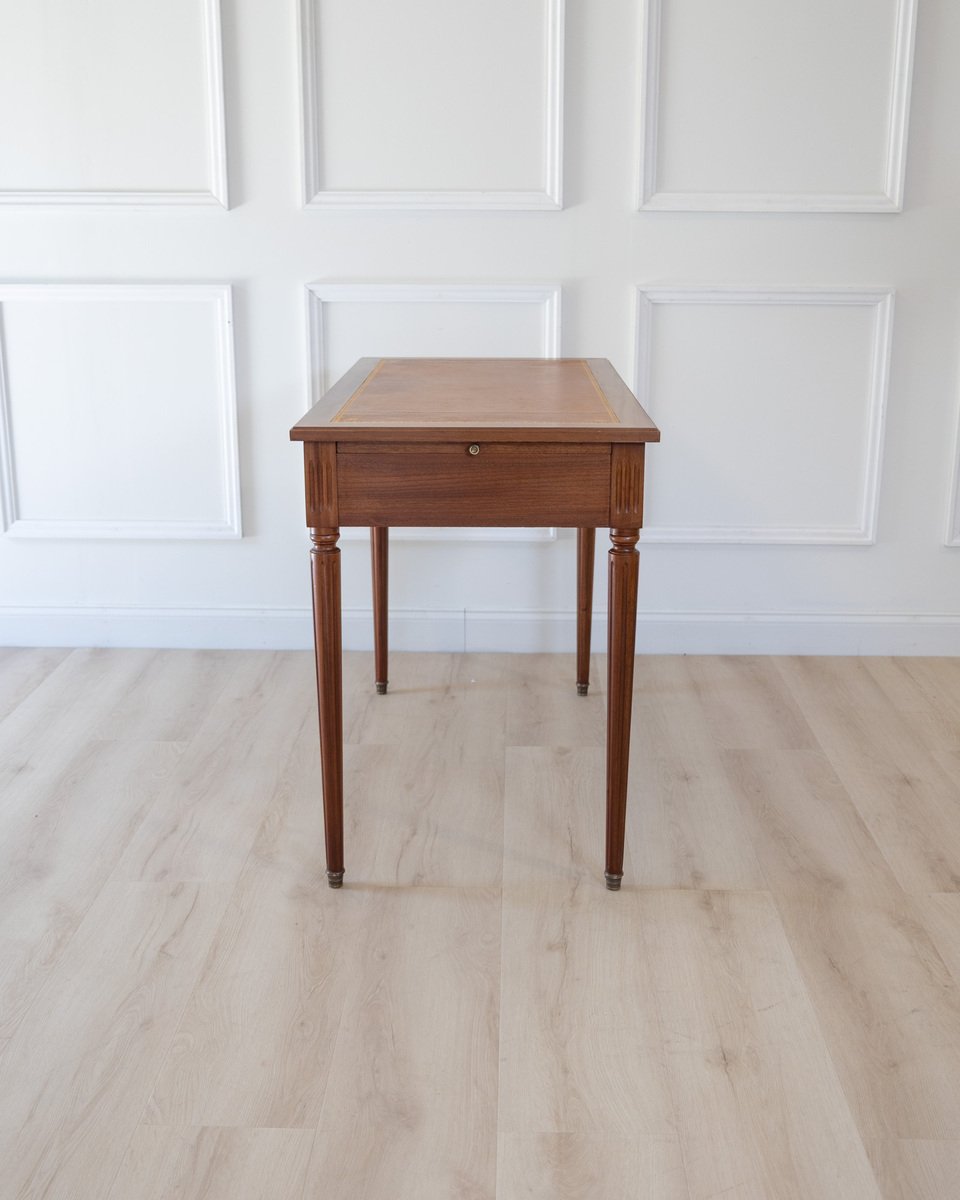 Louis XVI Style Mahogany Writing Desk with Tan Leather Top, 20th Century - JAA