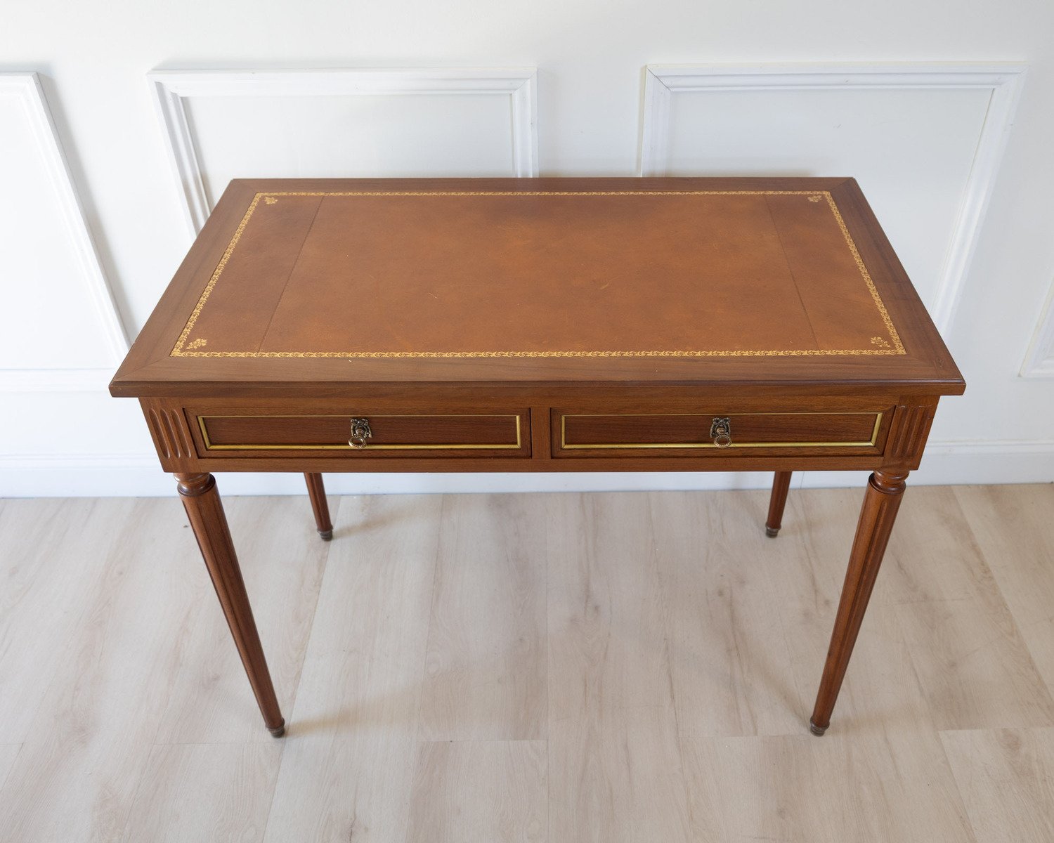 Louis XVI Style Mahogany Writing Desk with Tan Leather Top, 20th Century - JAA