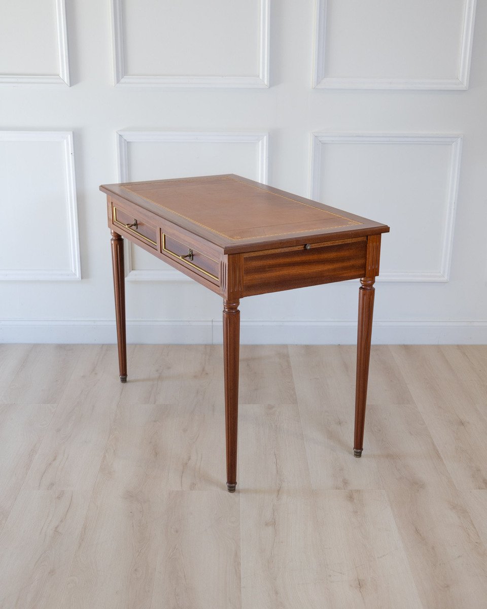 Louis XVI Style Mahogany Writing Desk with Tan Leather Top, 20th Century - JAA