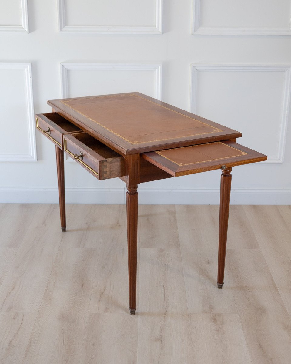 Louis XVI Style Mahogany Writing Desk with Tan Leather Top, 20th Century - JAA