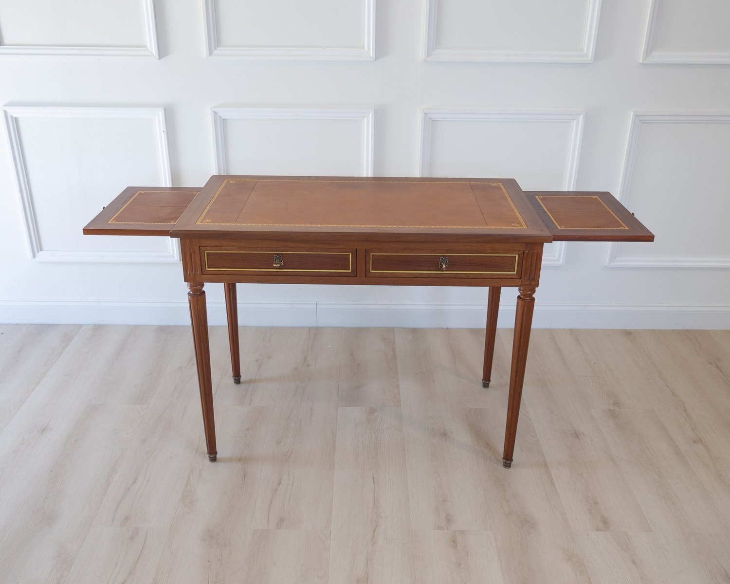 Louis XVI Style Mahogany Writing Desk with Tan Leather Top, 20th Century - JAA