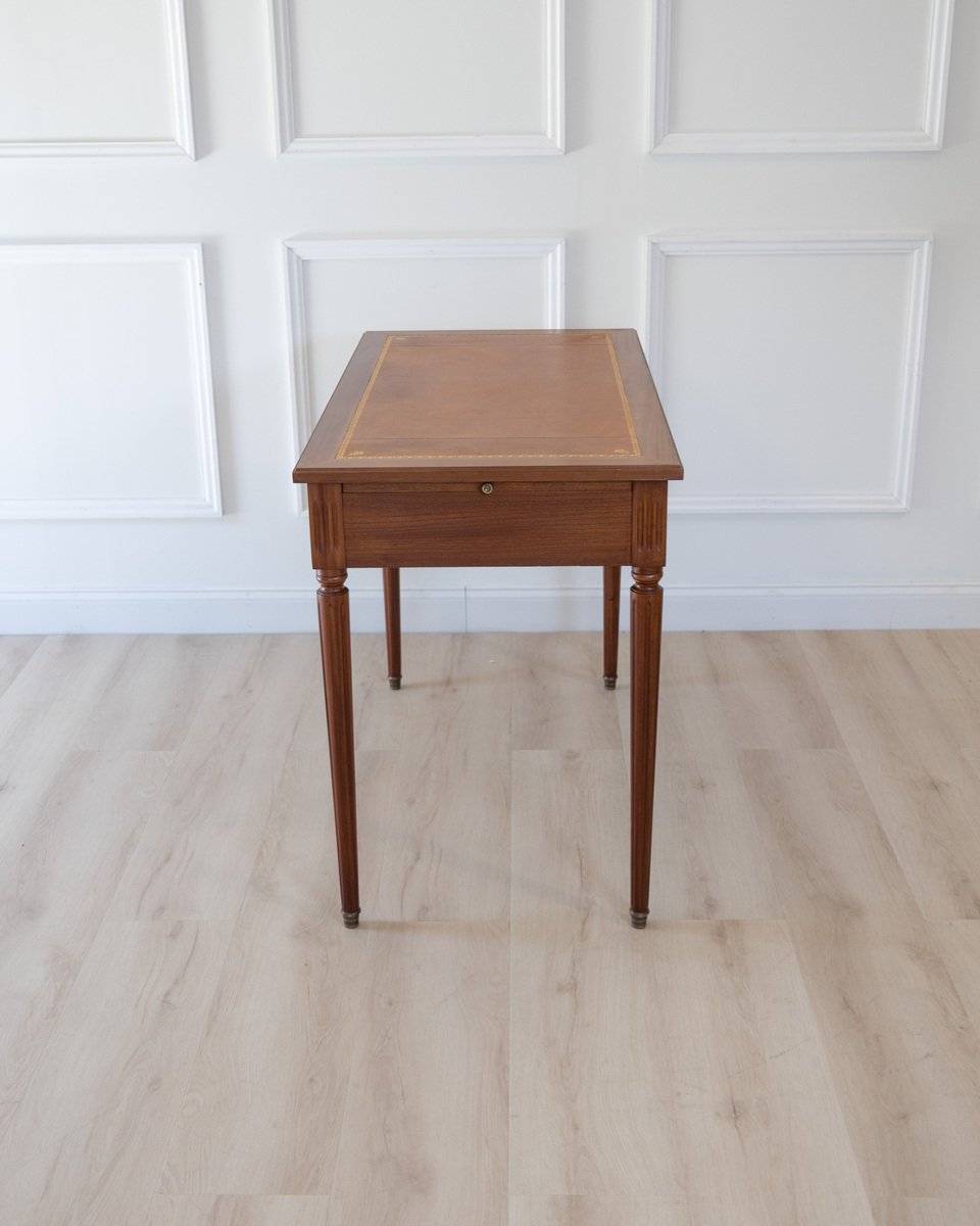 Louis XVI Style Mahogany Writing Desk with Tan Leather Top, 20th Century - JAA