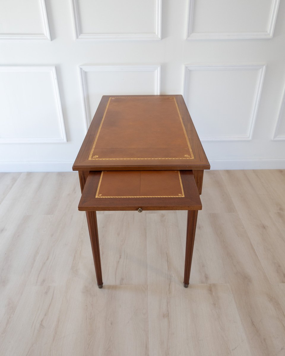 Louis XVI Style Mahogany Writing Desk with Tan Leather Top, 20th Century - JAA