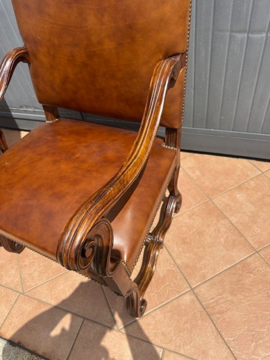 Pair of Italian Louis XIV Style Walnut Armchairs in Leather, 19th Century - JAA