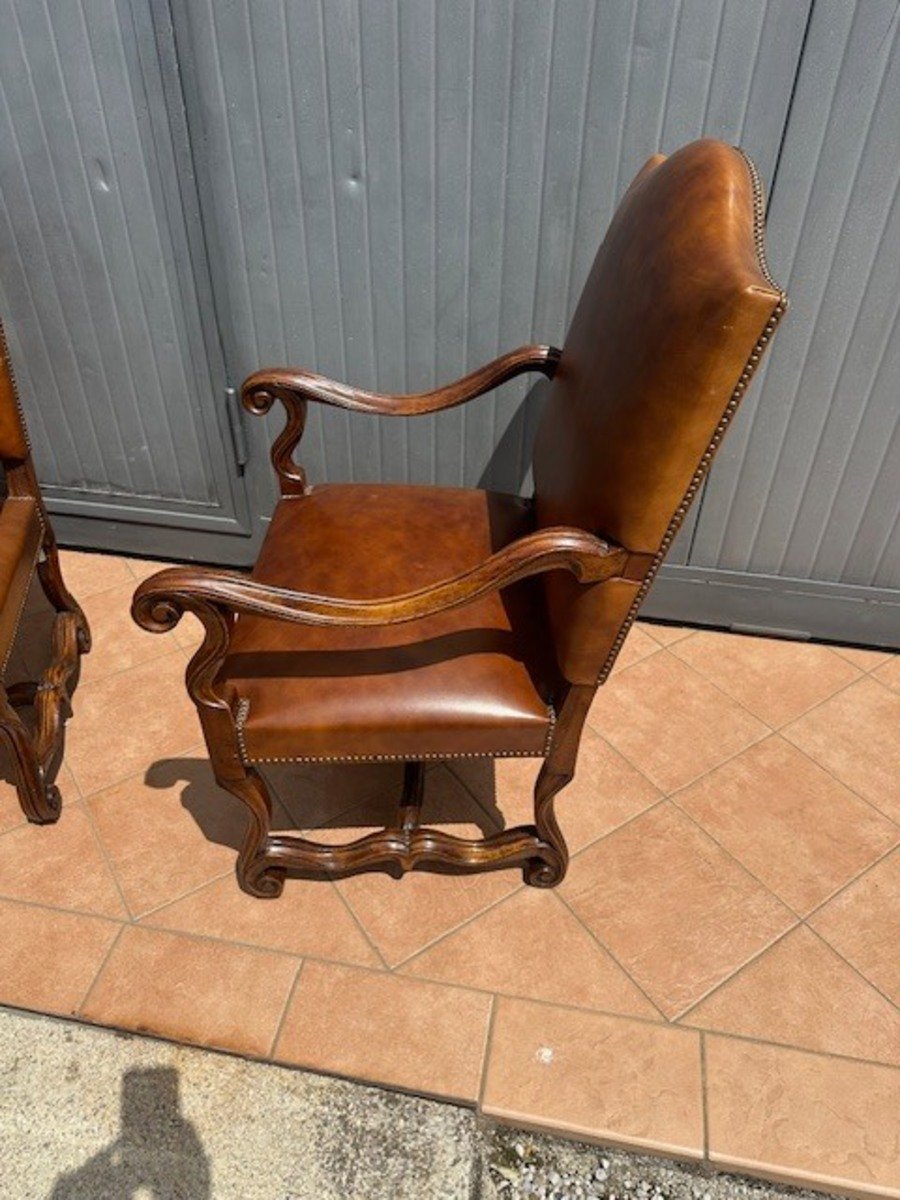 Pair of Italian Louis XIV Style Walnut Armchairs in Leather, 19th Century - JAA
