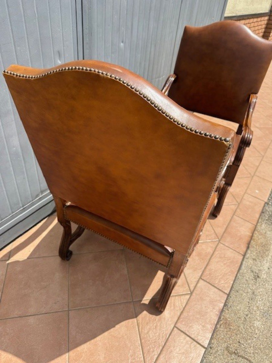 Pair of Italian Louis XIV Style Walnut Armchairs in Leather, 19th Century - JAA