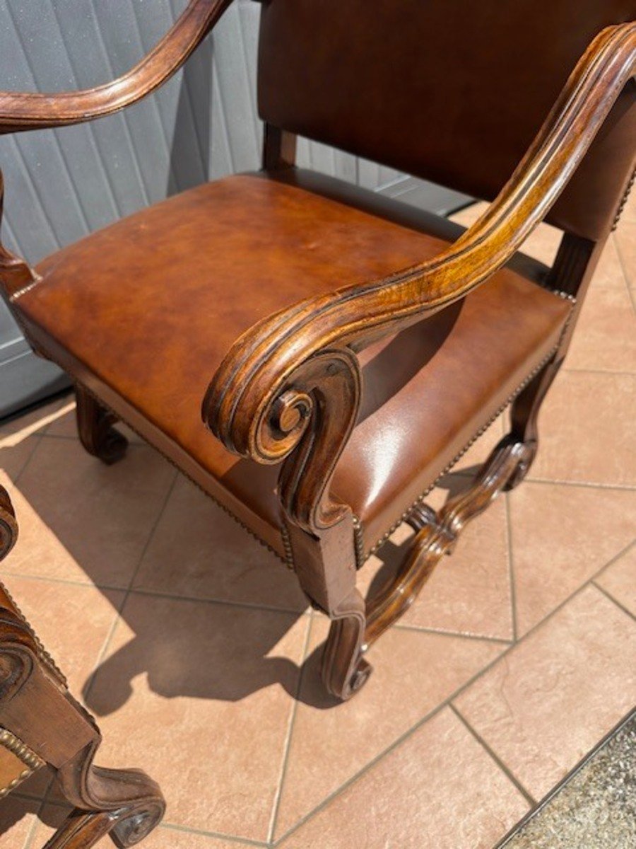 Pair of Italian Louis XIV Style Walnut Armchairs in Leather, 19th Century - JAA