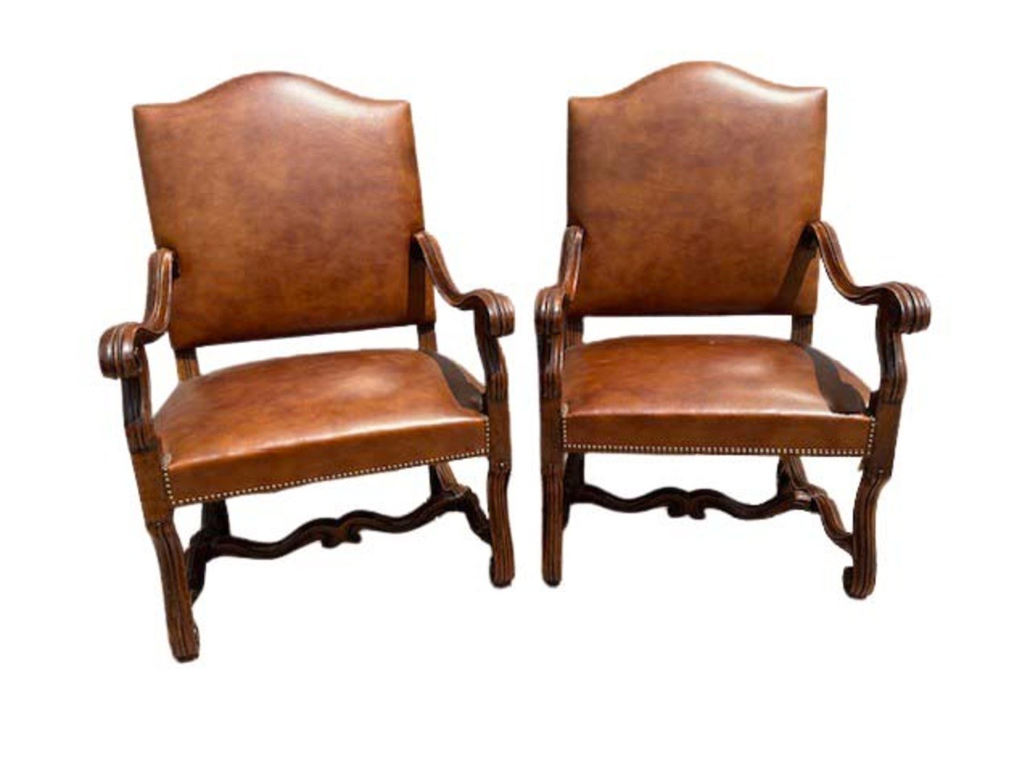 Pair of Italian Louis XIV Style Walnut Armchairs in Leather, 19th Century