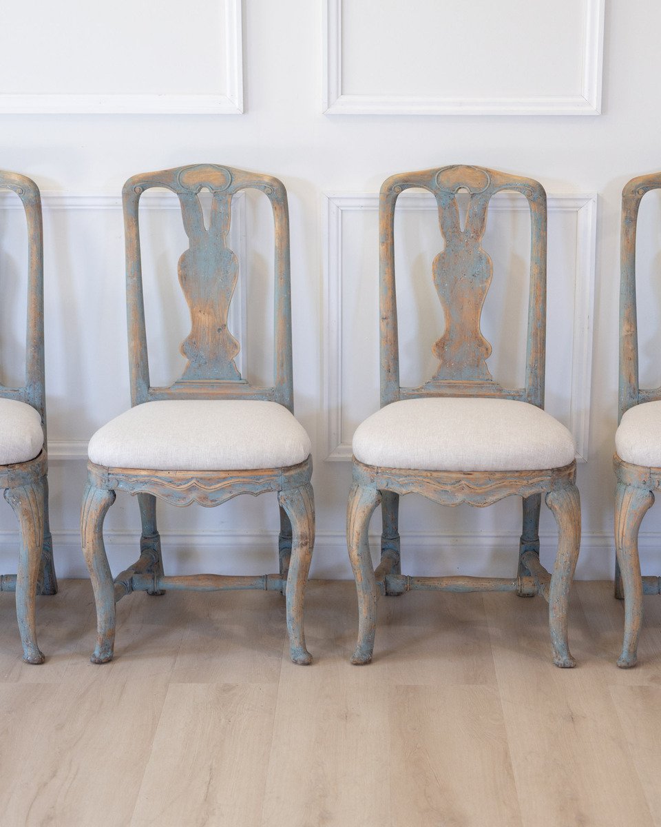 On Hold-Set of Six Swedish Rococo Chairs in Blue Paint, circa 1760 - JAA