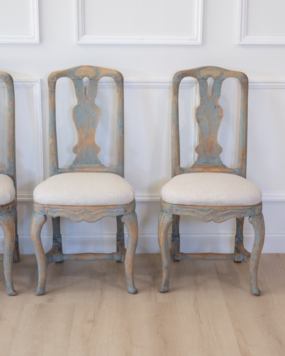 On Hold-Set of Six Swedish Rococo Chairs in Blue Paint, circa 1760 - JAA