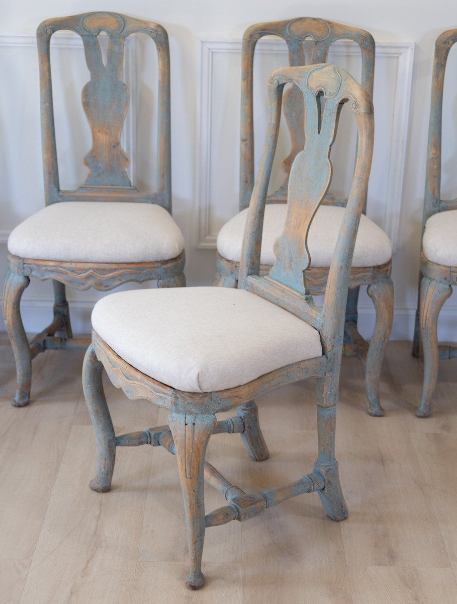 On Hold-Set of Six Swedish Rococo Chairs in Blue Paint, circa 1760 - JAA