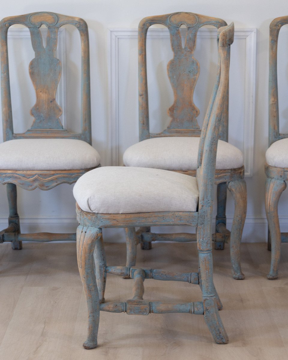 On Hold-Set of Six Swedish Rococo Chairs in Blue Paint, circa 1760 - JAA