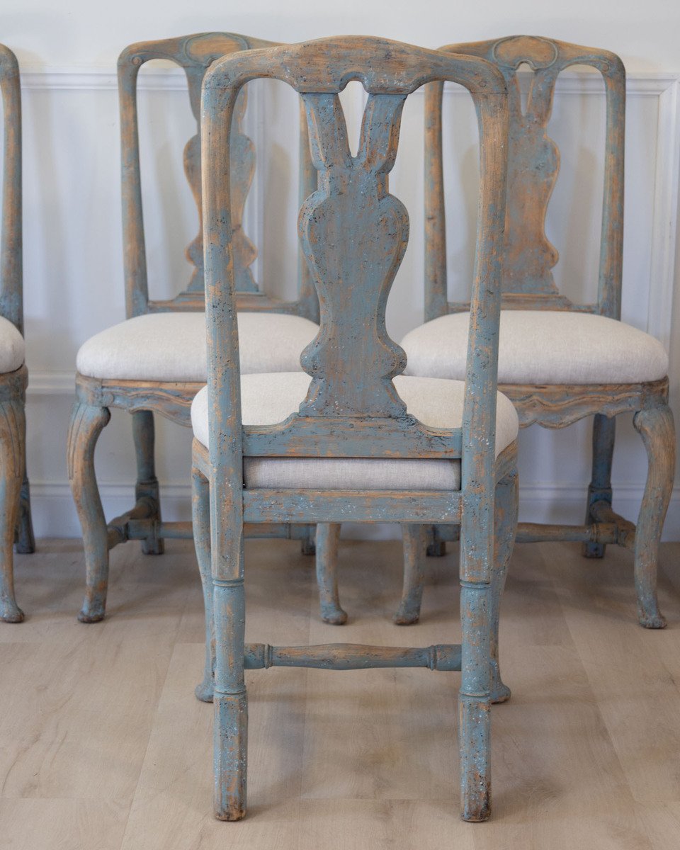 On Hold-Set of Six Swedish Rococo Chairs in Blue Paint, circa 1760 - JAA