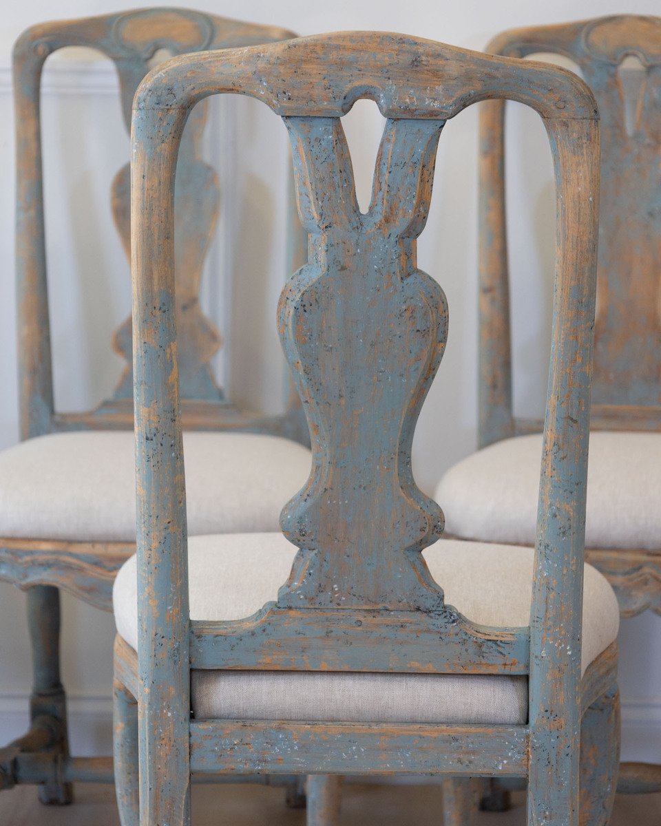 On Hold-Set of Six Swedish Rococo Chairs in Blue Paint, circa 1760 - JAA
