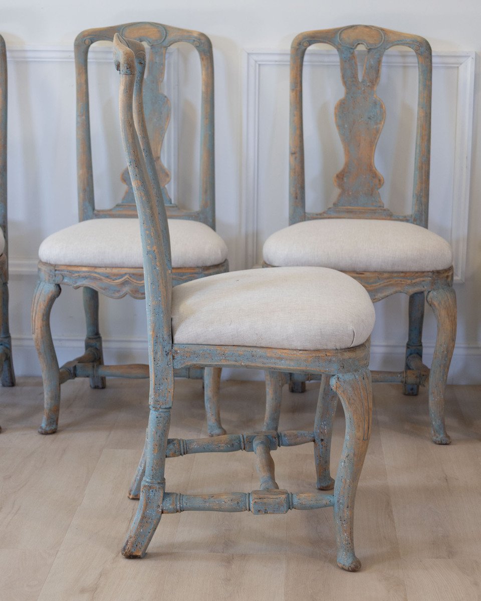 On Hold-Set of Six Swedish Rococo Chairs in Blue Paint, circa 1760 - JAA