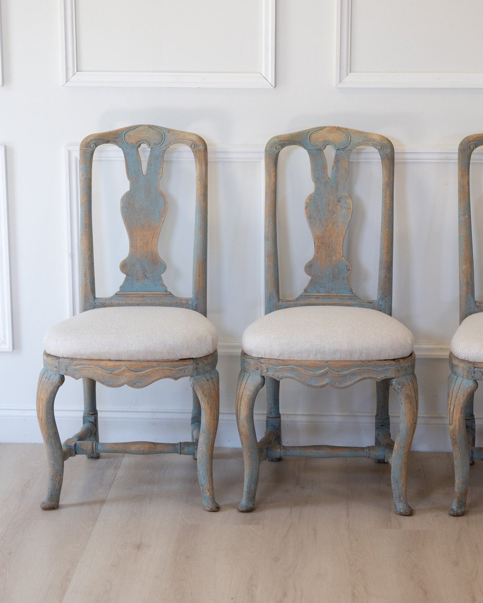 On Hold-Set of Six Swedish Rococo Chairs in Blue Paint, circa 1760 - JAA